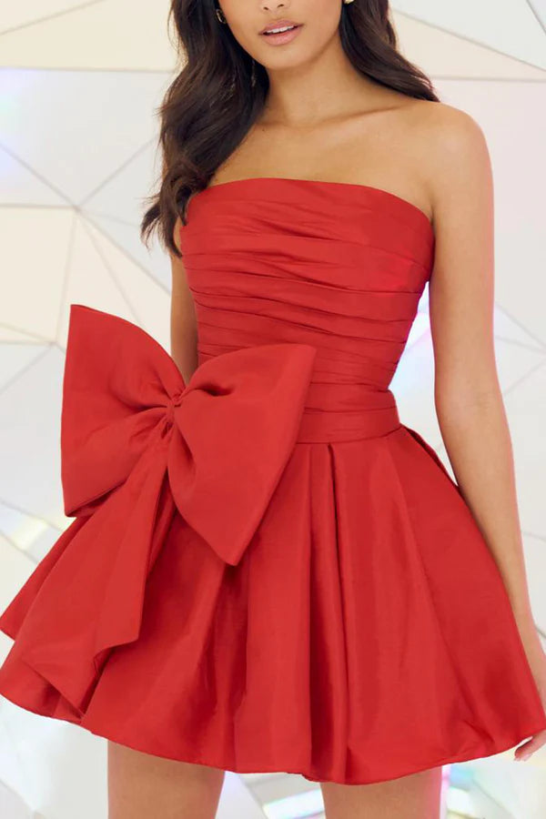 A line off shoulder rinkle details cute bow red short homecoming dress